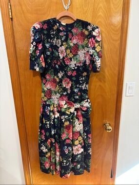 Vintage Talbots Navy Floral Smocked Midi Dress
